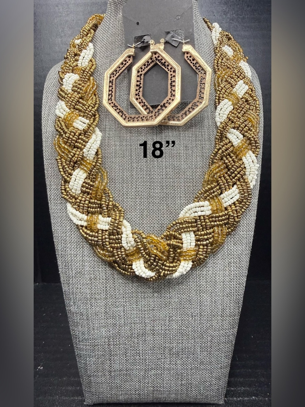 Braided Seed Bead Necklace in Gold and White - 18"